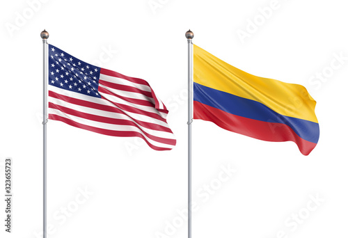 Two waving flags. United States of America flag, isolated on white. 3d Illustration.