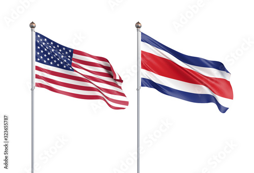 Two waving flags. United States of America flag, isolated on white. 3d Illustration.