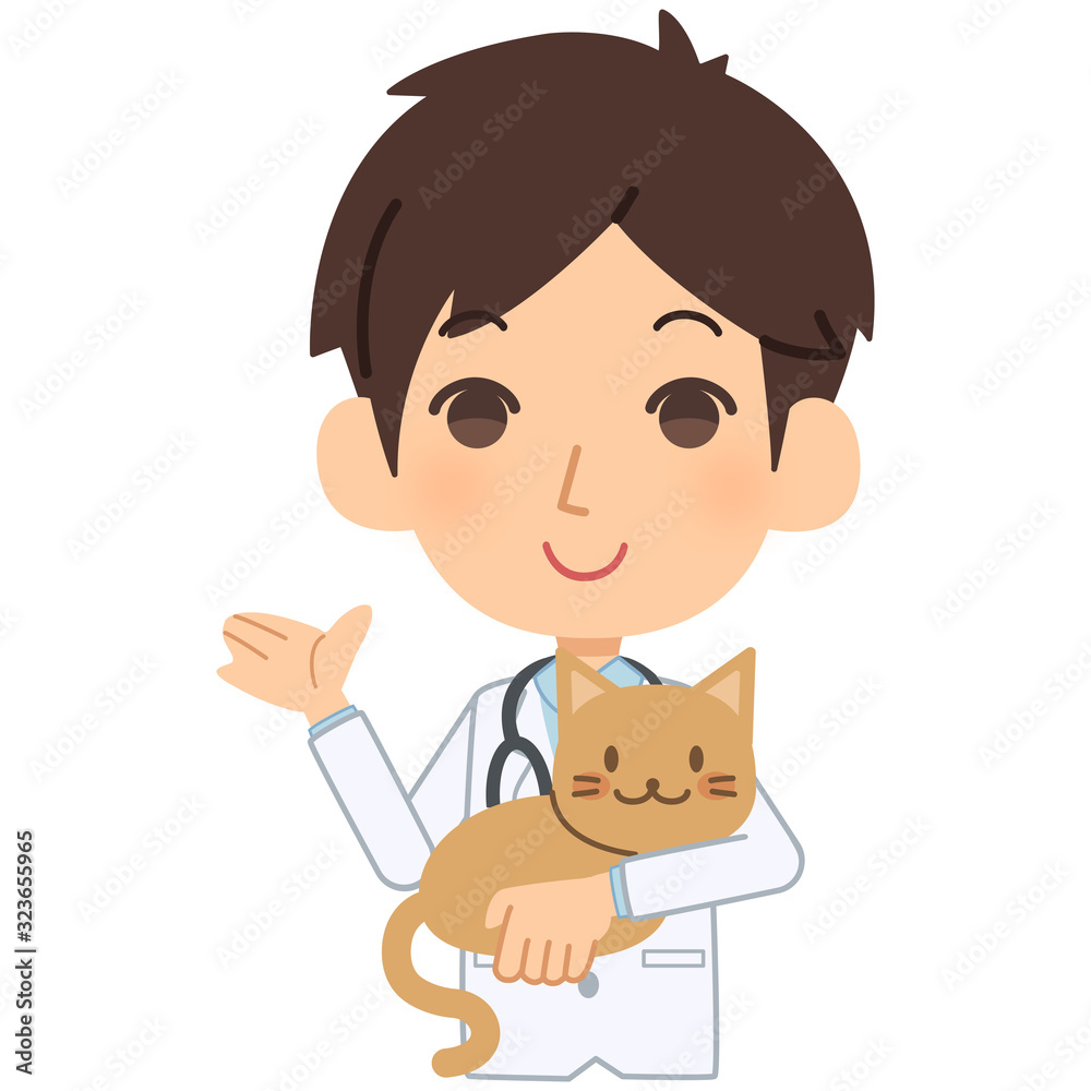 説明をする獣医と猫