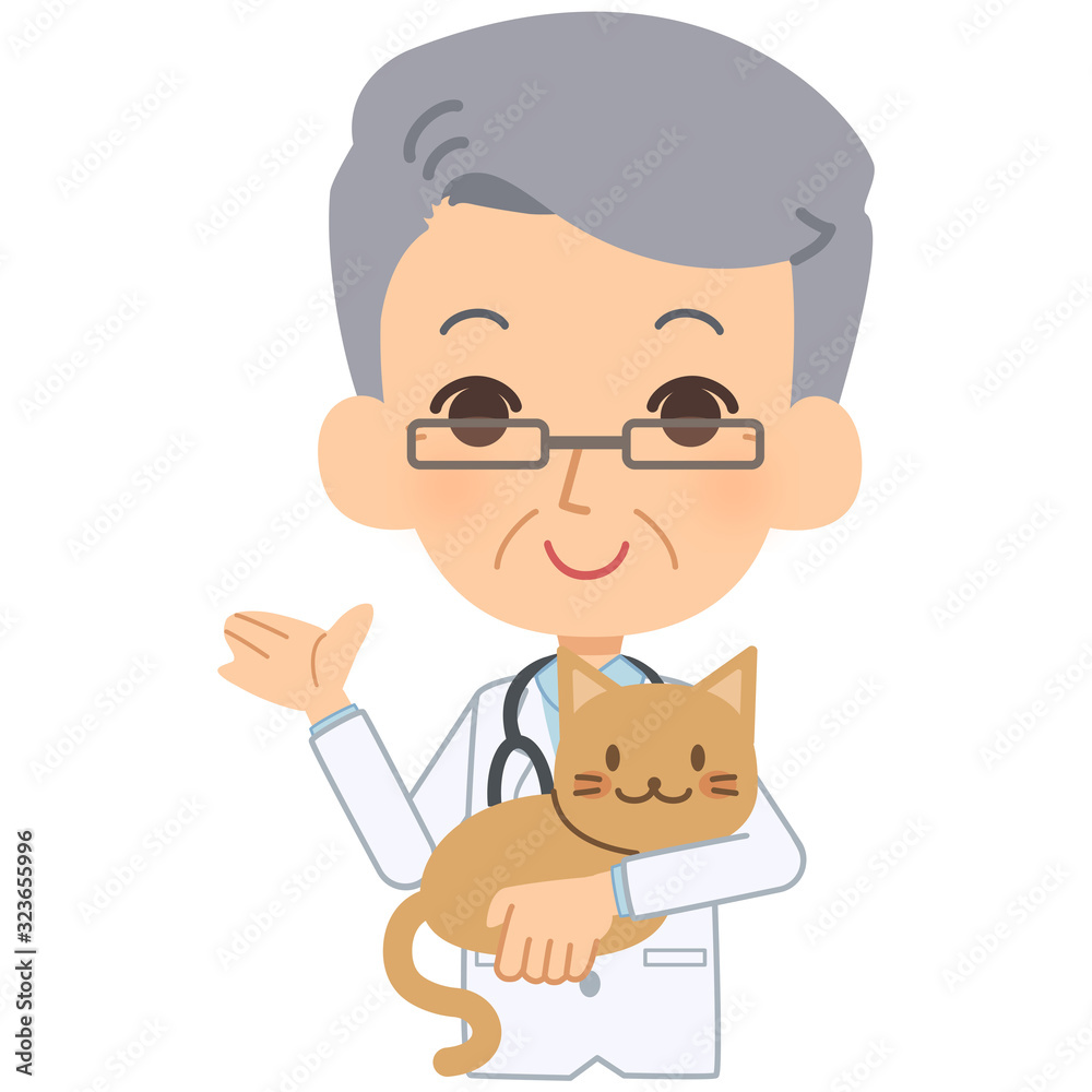 説明をする獣医と猫