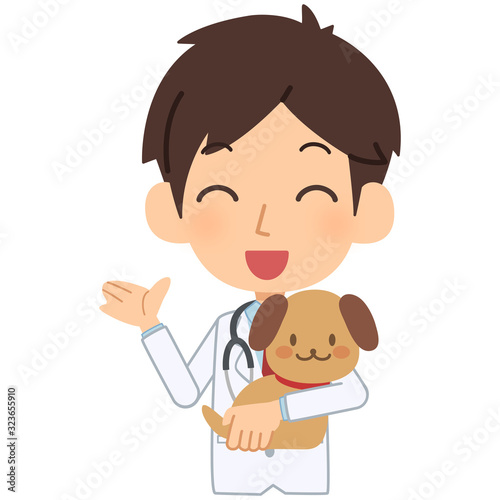 説明をする笑顔の獣医と犬