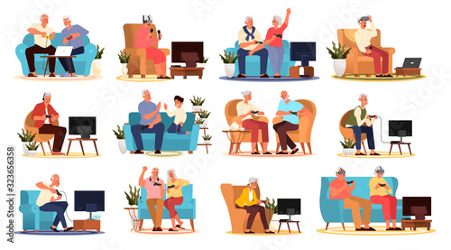 Old people playing video games set. Seniors adults playing video games