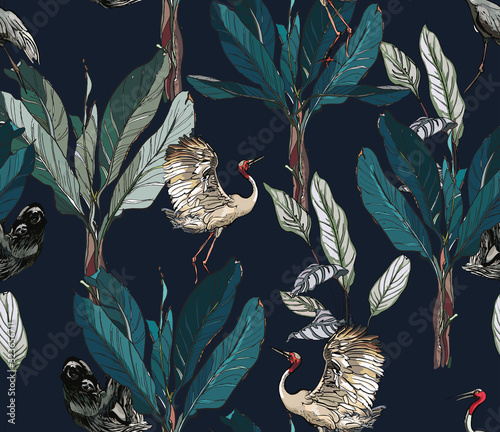 Seamless Pattern Dancing Cranes and Sloth Wildlife Animals in Tropical Jungle Plants Exotic Rainforest on Dark Dramatic Background