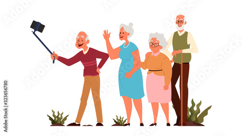 Old people taking selfie together. Elderly characters taking photo