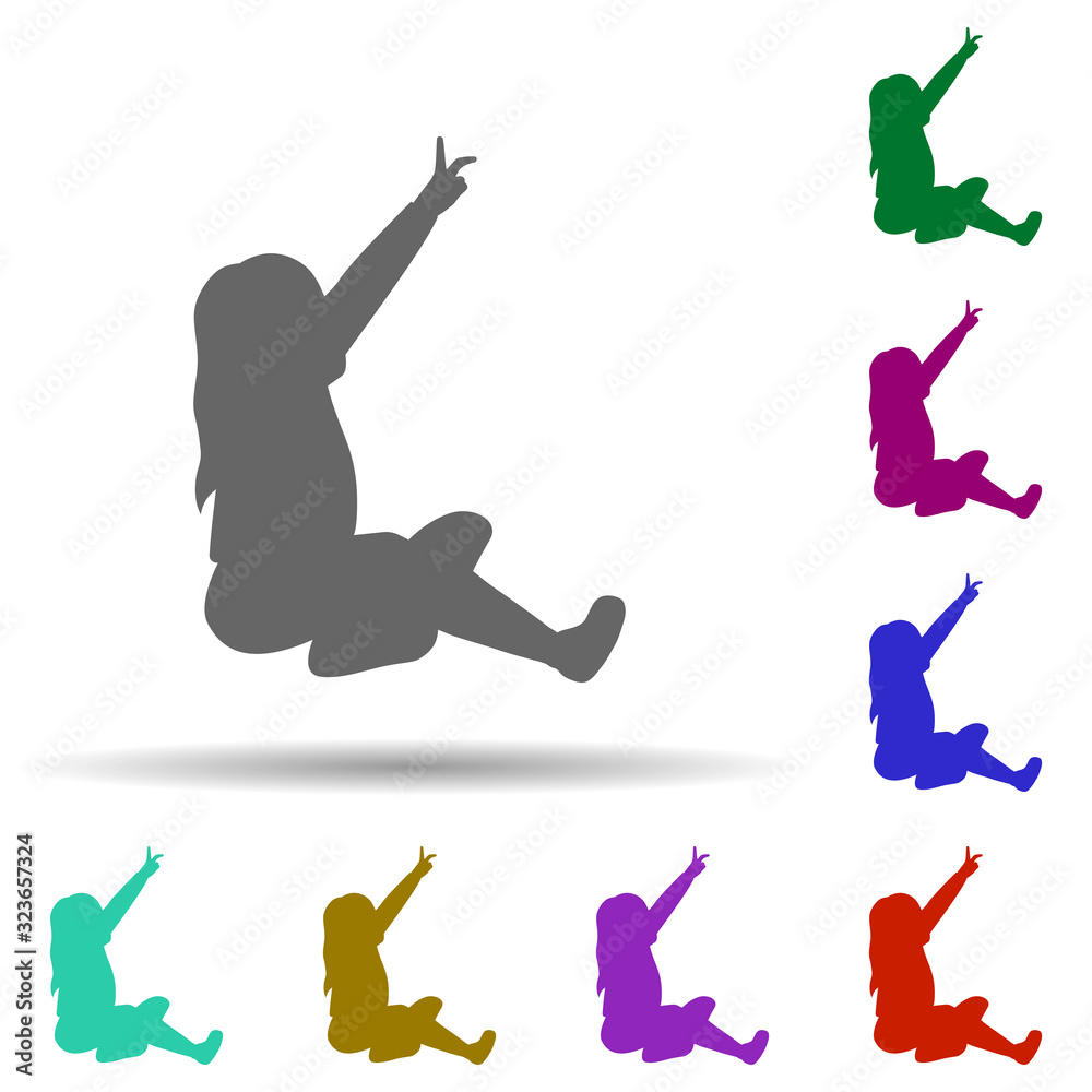 Girl sitting and pointing silhouette multi color style icon. Simple glyph, flat vector of children icons for ui and ux, website or mobile application Girl sitting and pointing silhouette multi color style icon. Simple glyph, flat vector of children icons for ui and ux, website or mobile application