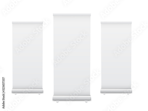 Realistic 3D vertical roll up banner stand template design. Isolated vector.