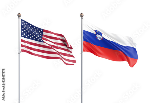 Two waving flags. United States of America flag, isolated on white. 3d Illustration.