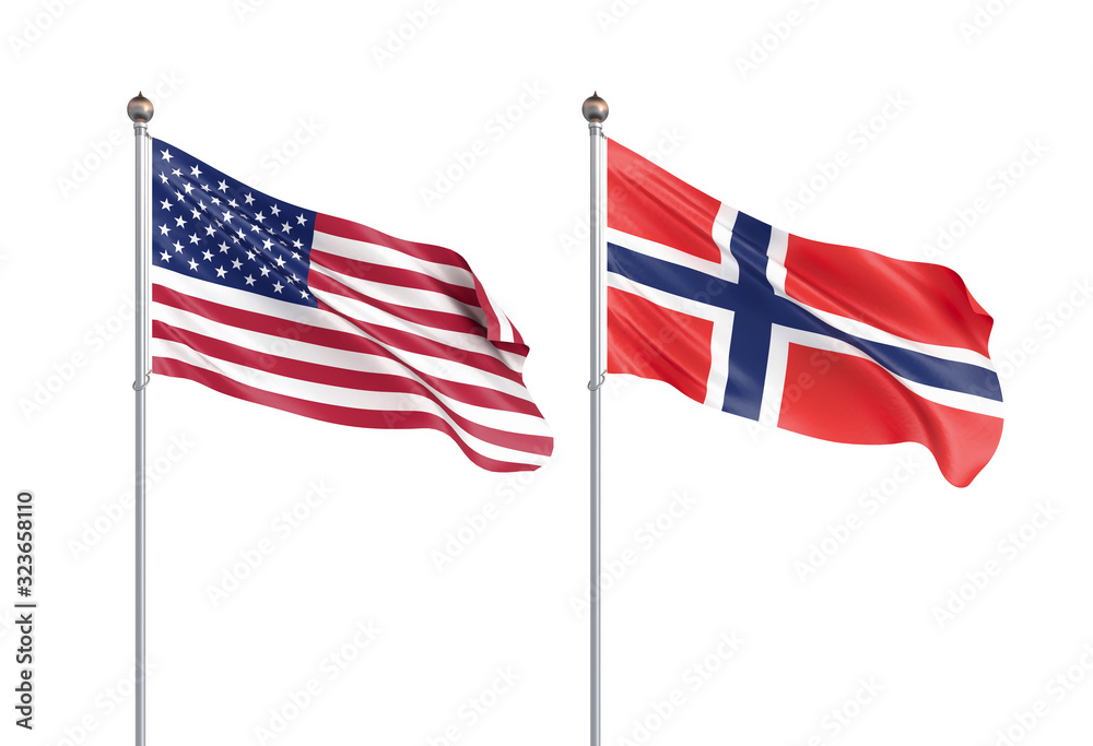 Obraz premium Two waving flags. United States of America flag, isolated on white. 3d Illustration.
