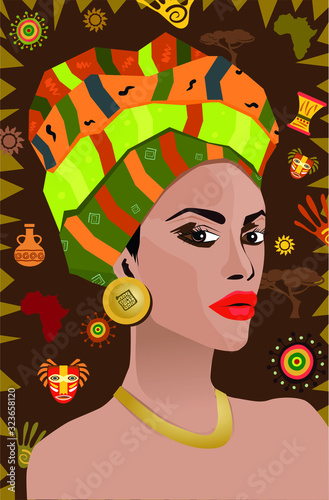 Ilustración mujer Africana con motivos africanos
