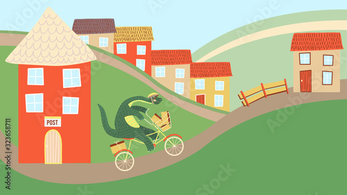 Cute dinosaur riding a bicycle, mail delivery in cartoon town, vector illustration. Dino postman cycling, flat style houses, courier cartoon character. Funny prehistoric creature, dino children story