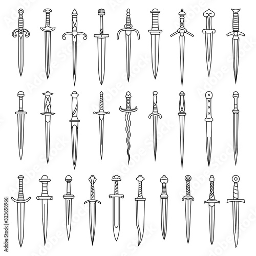 Fotomurale Set of simple monochrome vector images of medieval daggers and dirks drawn by lines