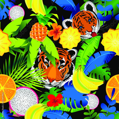 Vector background, tiger in the jungle on the background and the tropical tropics
