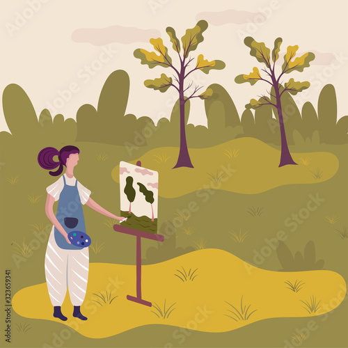 Artist painting nature landscape in plein air, vector illustration. Woman painter cartoon character at easel with art palette and paintbrush. Female artist painting trees in nature, creative hobby