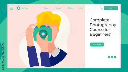Photography school website design, course for beginners, vector illustration. Digital photography workshop, creative hobby class. Online education for beginner photographers, landing page template