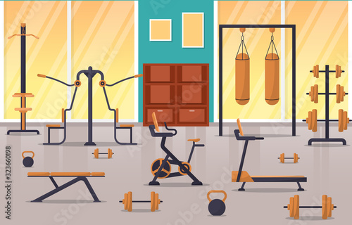 Gym Center Interior Sport Club Fitness Weight Bodybuilding Equipment Vector Illustration