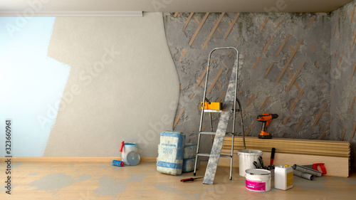 apartment repair concept repair tools and materials stand in a ruined room 3d render image
