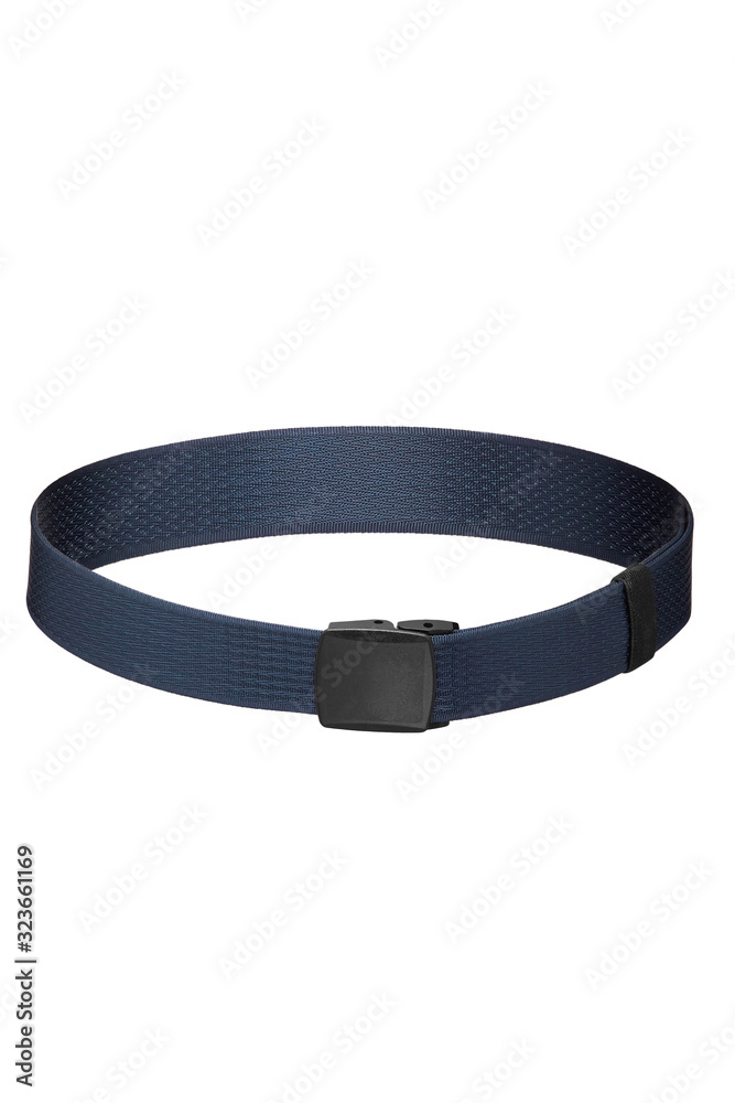 Subject shot of a navy blue canvas belt fitted with a black metal buckle and a black belt loop. The webbing belt is isolated on the white background. Subject shot of a navy blue canvas belt fitted with a black metal buckle and a black belt loop. The webbing belt is isolated on the white background.