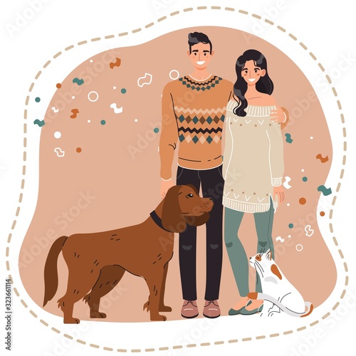 Happy couple with pets, owners of dog and cat, vector illustration. Young man and woman together, cute cartoon characters, animal lovers. Boyfriend and girlfriend, smiling people adopted dog and cat