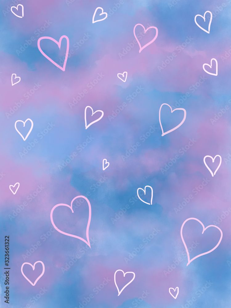 Abstract watercolor pretty background sky with pink clouds and various hearts