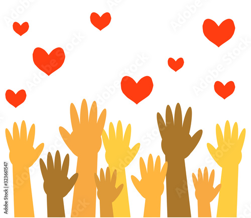 Hands of various people are raised up on a white background. Vector illustration.
