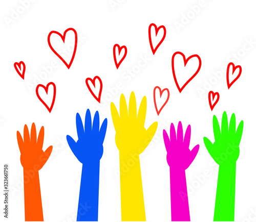 A crowd of different hands and hearts on a white background. Vector illustration.