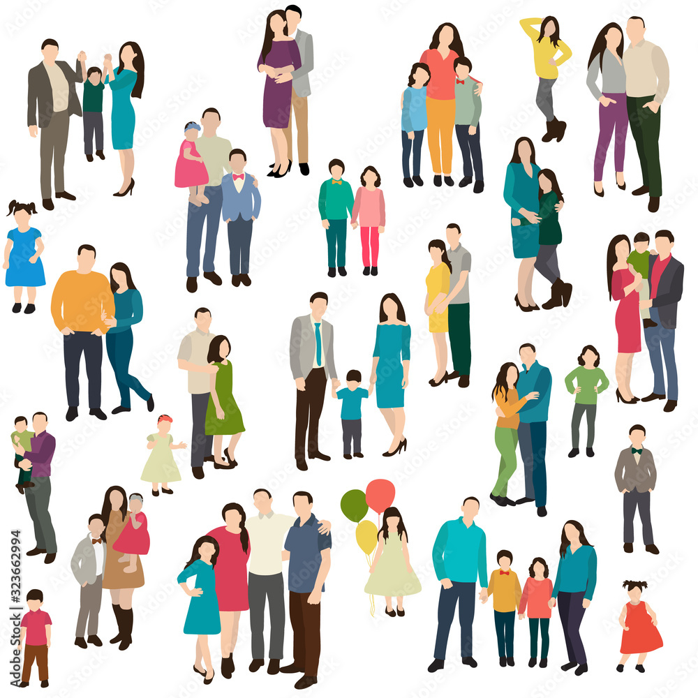 vector, isolated, silhouette group of people with children, flat style