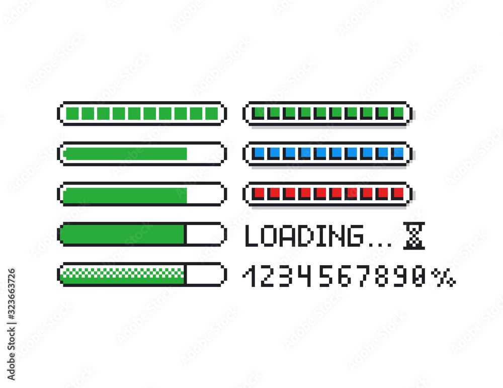 Pixel art vector illustration set - 8 bit retro style loading indicator bars, percent numbers, loading text Pixel art vector illustration set - 8 bit retro style loading indicator bars, percent numbers, loading text