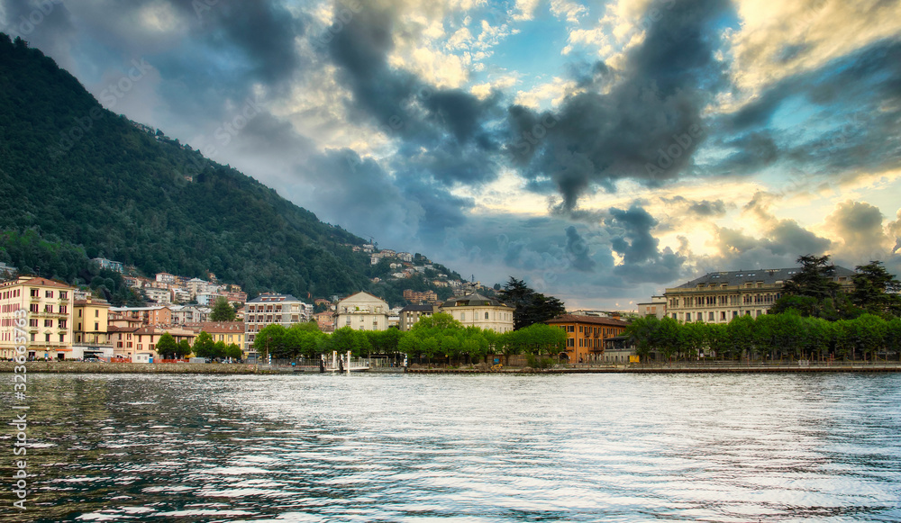 Overview at sunset on lake Como
