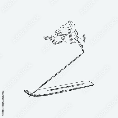 Hand-drawn sketch of burning aroma stick on white background.