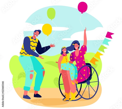 Happy family together, woman in wheelchair, parents and daughter, vector illustration. Mother, father and child celebrating birthday, happy people cartoon characters. Cheerful young family having fun