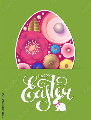 Happy Easter flyer template with egg, flowers and lettering.