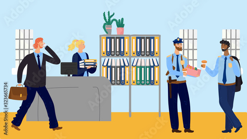 Coffee break at police station, officers eating doughnuts, vector illustration. Secretary in police department sorting folders while policemen in uniform drink coffee. Smiling cartoon characters