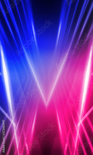 Background of empty stage show. Neon blue and purple light and laser show. Laser futuristic shapes on a dark background. Abstract dark background with neon glow