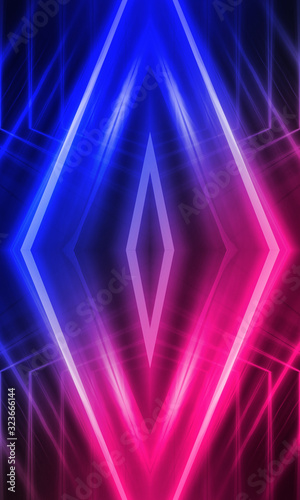 Background of empty stage show. Neon blue and purple light and laser show. Laser futuristic shapes on a dark background. Abstract dark background with neon glow