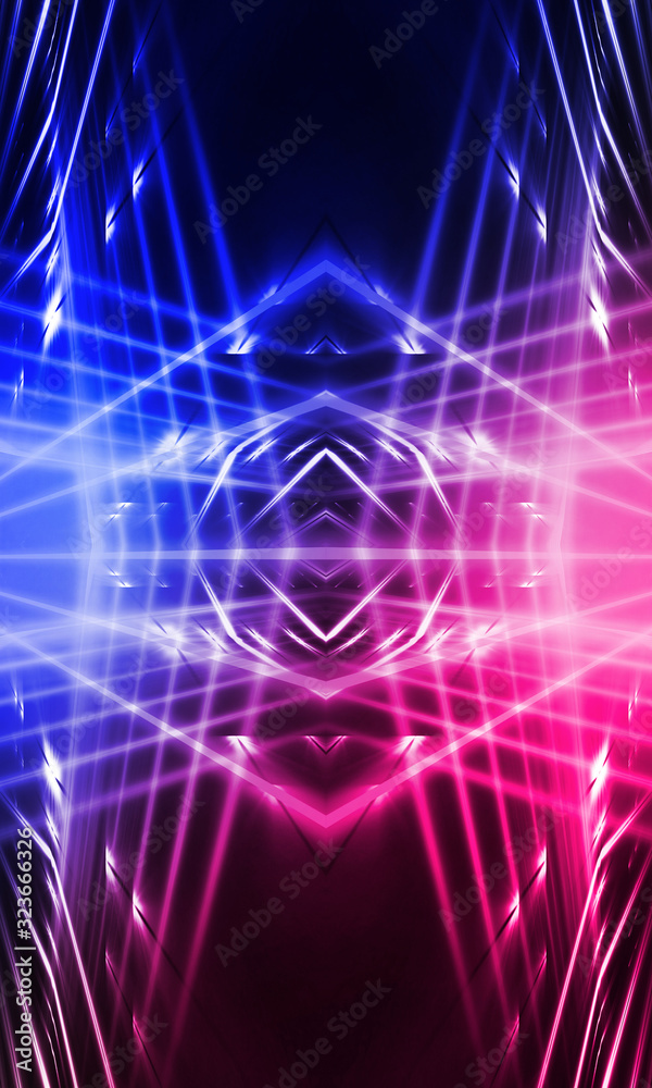 Fototapeta premium Background of empty stage show. Neon blue and purple light and laser show. Laser futuristic shapes on a dark background. Abstract dark background with neon glow