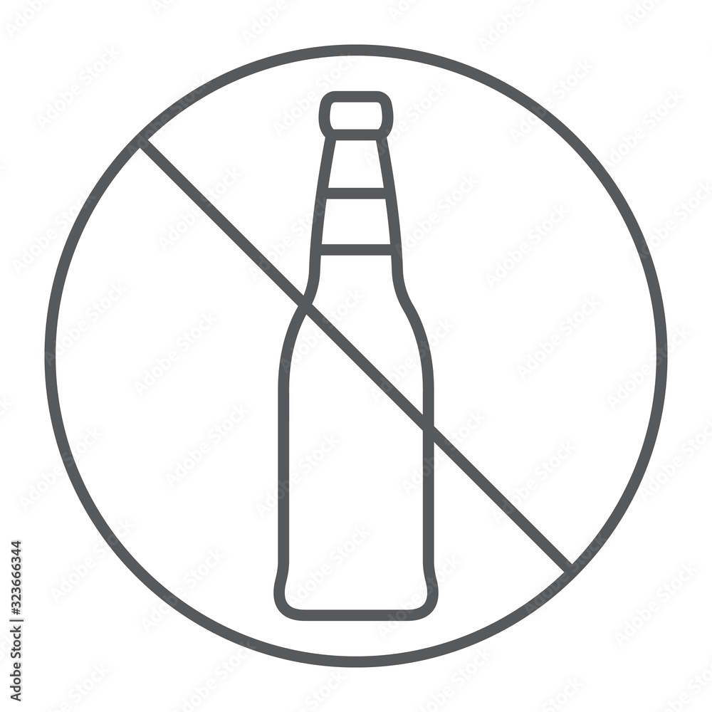 No alcohol thin line icon, forbidden and prohibited, no alcohol sign, vector graphics, a linear pattern on a white background, eps 10. No alcohol thin line icon, forbidden and prohibited, no alcohol sign, vector graphics, a linear pattern on a white background, eps 10.