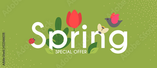 Spring is comming. Seasob label with hand drawn cute flowers.
