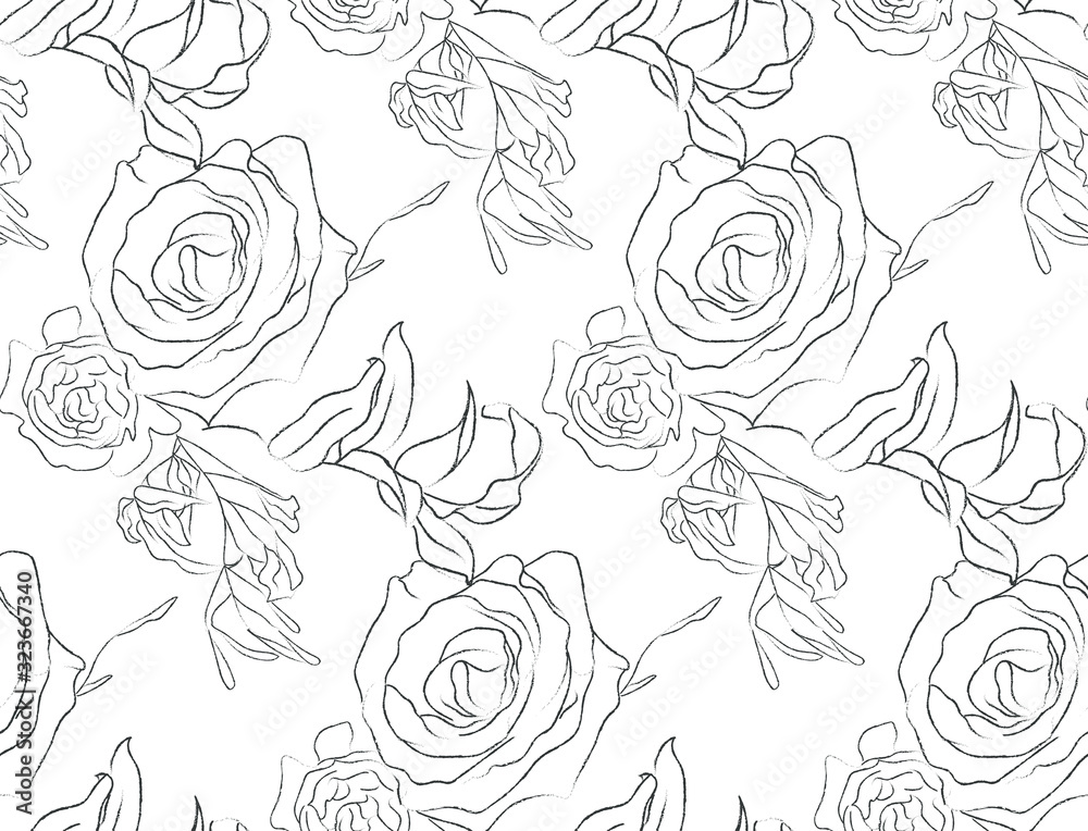 Fototapeta premium Vector Hand Drawn Line Drawing Doodle Floral Seamless Pattern with Rose Flowers, Wildflowers, Plants, Branches, Leaves. Design Elements Illustration. Branding. Swatch