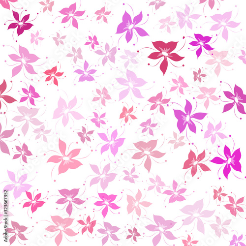 Floral seamless pattern. Feminine print with repeating daisies. Pink, purple, white background. Illustration.