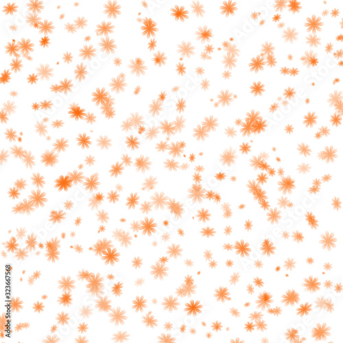 Cute little orange daisy flowers on a white background are repeated. Floral seamless pattern. Illustration.