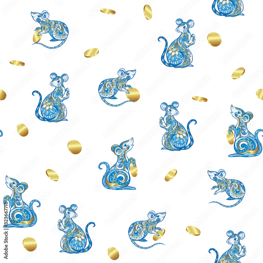 Fototapeta premium Seamless pattern with rats: mice and coins. Pattern for chinese new year. Isolated on white background vector illustration.