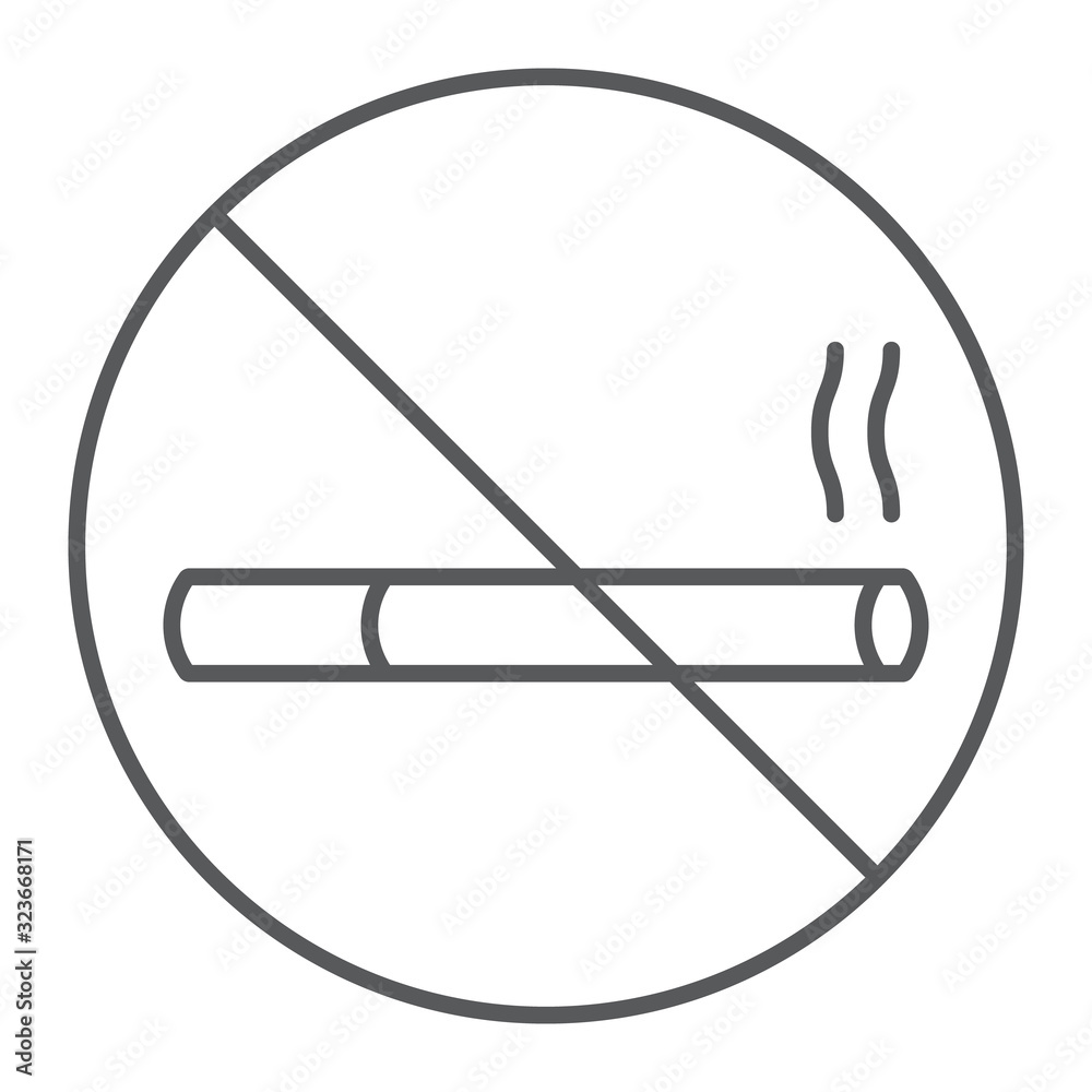 No smoking thin line icon, forbidden and prohibited, no cigarette sign, vector graphics, a linear pattern on a white background, eps 10. No smoking thin line icon, forbidden and prohibited, no cigarette sign, vector graphics, a linear pattern on a white background, eps 10.