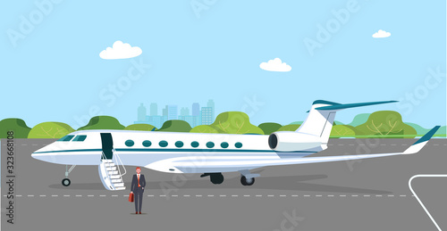 Business jet with an open passenger door and a ramp on the take-off field. Businessman got off the plane. Vector flat style illustration.