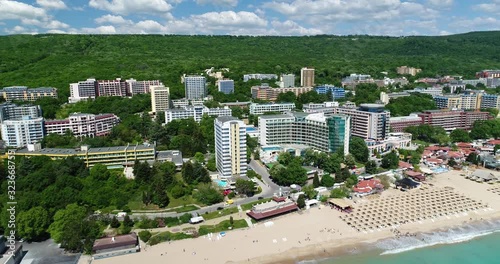 4k aerial video of beach and hotels in Golden Sands, Zlatni Piasaci. Popular summer resort near Varna, Bulgaria photo