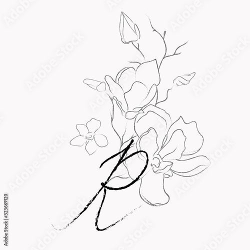 Handwritten Floral Logo Template. Line Drawing Monogram R with Magnolia Flower, Plants, Branches, Leaves. Design Element Vector Illustration. Branding. Wedding, photography, art, studio photo