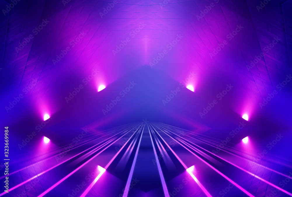 Dark abstract background. Empty scene in a nightclub. Neon purple and blue lights, smoke.