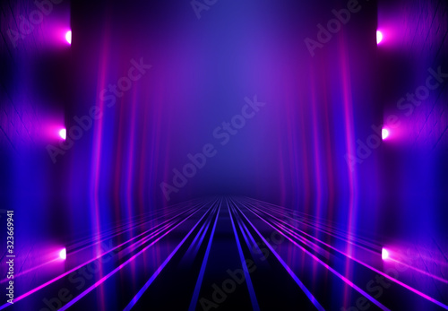 Dark abstract background. Empty scene in a nightclub. Neon purple and blue lights, smoke.