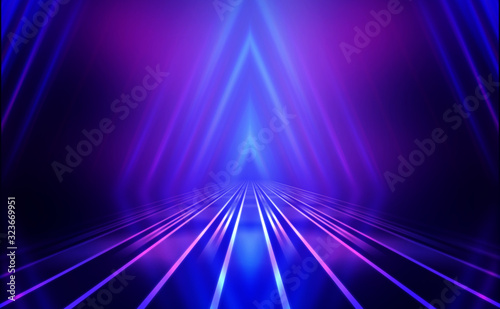 Dark abstract background. Empty scene in a nightclub. Neon purple and blue lights, smoke.