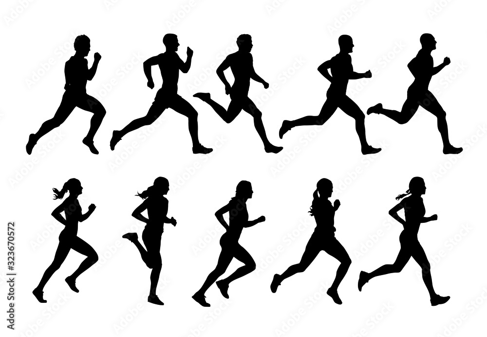 Running people, vector runners, group of isolated silhouettes, side view