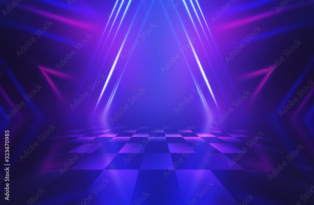 Fototapeta premium Dark abstract background. Empty scene in a nightclub. Neon purple and blue lights, smoke.